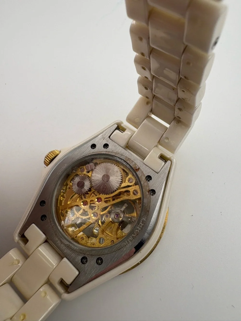 Adrienne Gold‎ Skeleton Dial Watch with Ceramic Band New Battery Works!